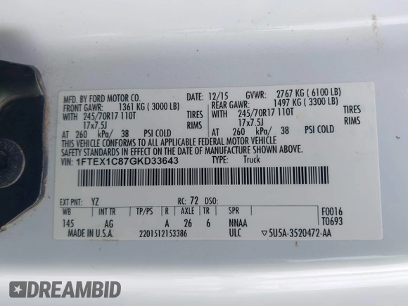 2016 Ford F-150 XL with VIN 1FTEX1C87GKD33643, listed as a IAAI auction lot 41837905 with 105,353 mi miles and . Bid and sale history available at carsss.com. Image 9.