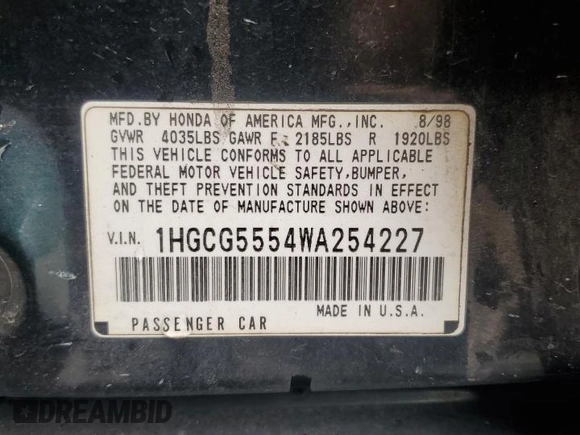 1998 Honda Accord EX with VIN 1HGCG5554WA254227, listed as a Copart auction lot 59341155 with 198,225 mi miles and Salvage title. Bid and sale history available at DreamBid. Image 13.