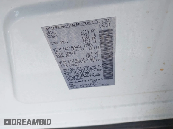 2014 Nissan Pathfinder Platinum with VIN 5N1AR2MN4EC726389, listed as a IAAI auction lot 42516567 with 189,257 mi miles and . Bid and sale history available at DreamBid. Image 9.