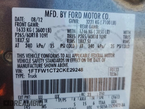 2012 Ford F-150 XL z VIN 1FTFW1CT2CKE29248, wystawiony jako Copart lot #89116025 z przebiegiem 137 420 mil mil oraz Szkody całkowita. Historia ofert i sprzedaży dostępna na DreamBid. Obrazek 14.
