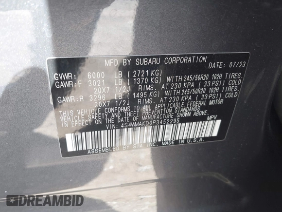 2023 Subaru Ascent Onyx Limited z VIN 4S4WMAKD0P3452295, wystawiony jako IAAI lot #42117410 z przebiegiem Nie podano mil oraz . Historia ofert i sprzedaży dostępna na DreamBid. Obrazek 9.