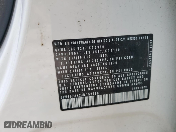 2018 Volkswagen Tiguan SEL с VIN 3VV3B7AX2JM153796, выставлен на аукционе Copart как лот 57461945 с пробегом 119 269 миль миль и Списание • Salvage title. История ставок и продаж доступна на DreamBid. Изображение 12.