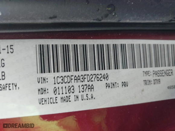 2015 Dodge Dart SE with VIN 1C3CDFAA3FD276240, listed as a IAAI auction lot 41110906 with 78,578 mi miles. Bid and sale history available at carsss.com. Image 9.