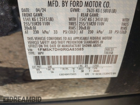 2024 Ford Explorer XLT с VIN 1FMSK7DH0RGA83585, выставлен на аукционе IAAI как лот 42227603 с пробегом Не указан миль и . История ставок и продаж доступна на DreamBid. Изображение 9.