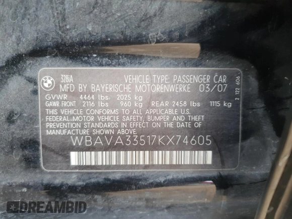 2007 BMW 3 Series 328i with VIN WBAVA33517KX74605, listed as a Copart auction lot 54376065 with 128,773 mi miles and Salvage Title. Bid and sale history available at DreamBid. Image 12.