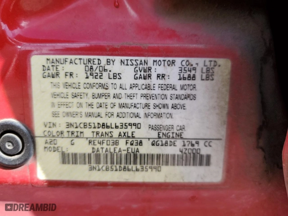 2006 Nissan Sentra 1.8 S with VIN 3N1CB51D86L635990, listed as a Copart auction lot 47403465 with 158,980 mi miles and Salvage Title. Bid and sale history available at carsss.com. Image 12.