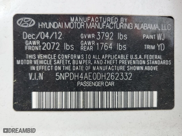 2013 Hyundai Elantra GLS with VIN 5NPDH4AE0DH262332, listed as a Copart auction lot 52781375 with 123,826 mi miles and Salvage Title. Bid and sale history available at carsss.com. Image 12.