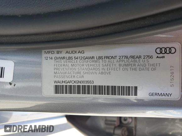 2016 Audi A6 Prestige with VIN WAUHGAFCXGN003553, listed as a Copart auction lot 57470265 with 89,026 mi miles and Salvage title. Bid and sale history available at DreamBid. Image 12.