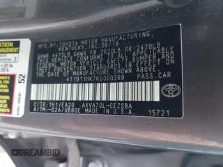 2019 Toyota Camry LE z VIN 4T1B11HK7KU300269, wystawiony jako IAAI lot #42017085 z przebiegiem 46 360 mil mil oraz . Historia ofert i sprzedaży dostępna na DreamBid. Obrazek 9.