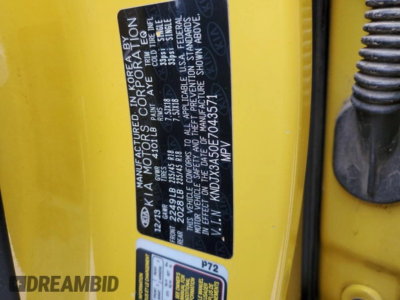 2014 Kia Soul + with VIN KNDJX3A50E7043571, listed as a Copart auction lot 53580215 with Not Provided miles and Salvage Title. Bid and sale history available at DreamBid. Image 12.