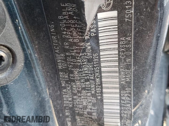 2019 Toyota Camry Hybrid LE z VIN 4T1B21HK2KU511926, wystawiony jako Copart lot #47092195 z przebiegiem Nie podano mil oraz Szkoda całkowita • Salvage title. Historia ofert i sprzedaży dostępna na DreamBid. Obrazek 12.