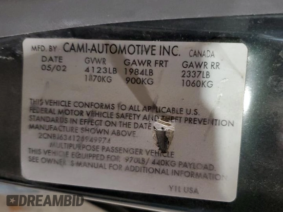 2002 Chevrolet Tracker LT z VIN 2CNBJ634126949974, wystawiony jako Copart lot #54819695 z przebiegiem 200 895 mil mil oraz Szkoda całkowita • Salvage title. Historia ofert i sprzedaży dostępna na DreamBid. Obrazek 14.