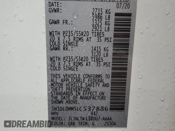 2020 Infiniti QX60 Luxe with VIN 5N1DL0MM5LC537886, listed as a Copart auction lot 50243325 with 50,241 mi miles and Salvage Title. Bid and sale history available at DreamBid. Image 12.
