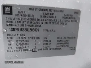 2008 Chevrolet Suburban LT w/3LT with VIN 1GNFK16388J208099, listed as a IAAI auction lot 41710552 with 228,929 mi miles. Bid and sale history available at carsss.com. Image 9.