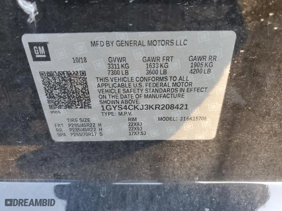 2019 Cadillac Escalade Premium Luxury with VIN 1GYS4CKJ3KR208421, listed as a Copart auction lot 85095224 with 0 mi miles and Salvage Title. Bid and sale history available at carsss.com. Image 14.