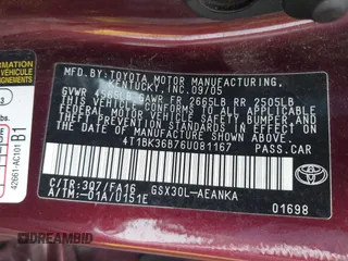 2006 Toyota Avalon XL z VIN 4T1BK36B76U081167, wystawiony jako IAAI lot #42271791 z przebiegiem 266 216 mil mil oraz . Historia ofert i sprzedaży dostępna na DreamBid. Obrazek 9.