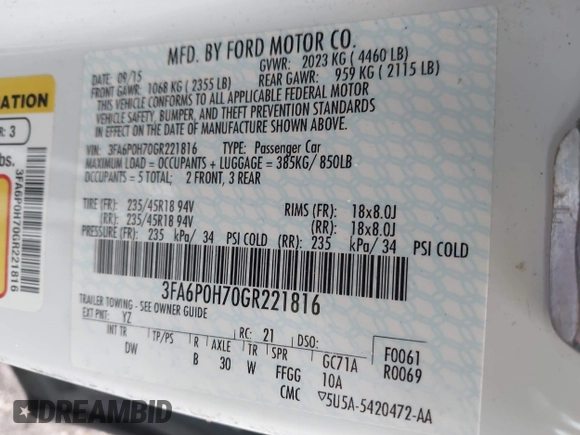 2016 Ford Fusion SE с VIN 3FA6P0H70GR221816, выставлен на аукционе IAAI как лот 42257475 с пробегом 132 022 миль миль и . История ставок и продаж доступна на DreamBid. Изображение 9.