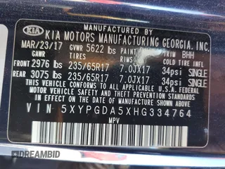 2017 Kia Sorento LX with VIN 5XYPGDA5XHG334764, listed as a Copart auction lot 62677035 with 60,488 mi miles and Salvage title. Bid and sale history available at DreamBid. Image 13.