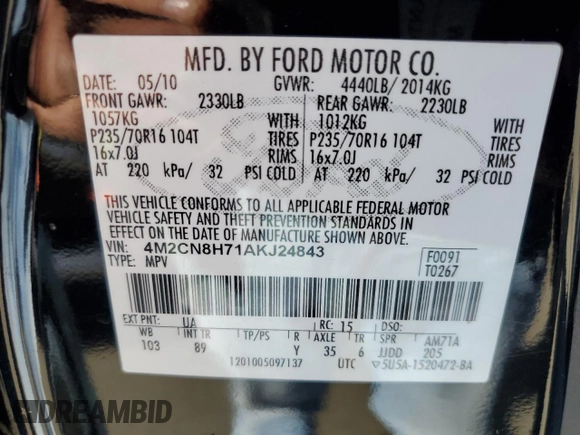 2010 Mercury Mariner Premier z VIN 4M2CN8H71AKJ24843, wystawiony jako Copart lot #41851875 z przebiegiem 147 858 mil mil oraz Szkoda całkowita • Salvage title. Historia ofert i sprzedaży dostępna na DreamBid. Obrazek 12.