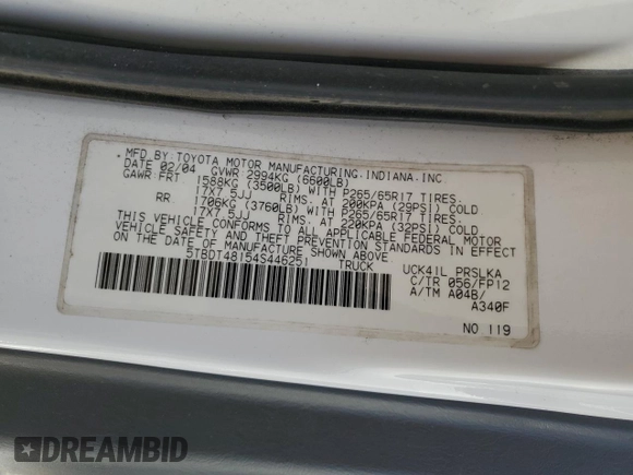 2004 Toyota Tundra Limited with VIN 5TBDT48154S446251, listed as a Copart auction lot 49383025 with 222,206 mi miles and Salvage Title. Bid and sale history available at DreamBid. Image 12.