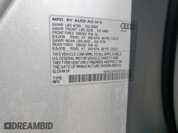 2015 Audi Q7 Premium Plus with VIN WA1LGAFE3FD022460, listed as a Copart auction lot 64338415 with 169,479 mi miles and Clean title. Bid and sale history available at DreamBid. Image 13.