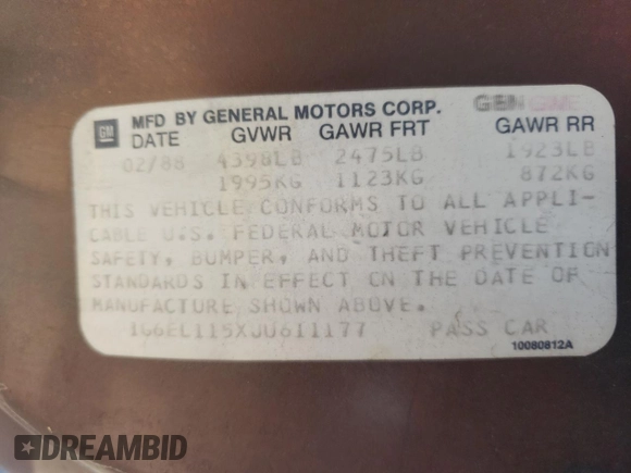 1988 Cadillac Eldorado z VIN 1G6EL115XJU611177, wystawiony jako Copart lot #46526855 z przebiegiem 122 780 mil mil oraz Szkoda całkowita • Salvage title. Historia ofert i sprzedaży dostępna na DreamBid. Obrazek 12.