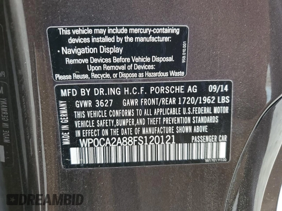 2015 Porsche Boxster with VIN WP0CA2A88FS120121, listed as a Copart auction lot 50591195 with 71,836 mi miles and Salvage title. Bid and sale history available at DreamBid. Image 12.