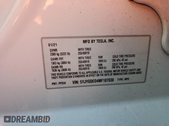 2021 Tesla Model Y Standard Range z VIN 5YJYGDED4MF107030, wystawiony jako Copart lot #66382913 z przebiegiem 39 024 mil mil oraz Szkoda całkowita • Salvage title. Historia ofert i sprzedaży dostępna na DreamBid. Obrazek 12.