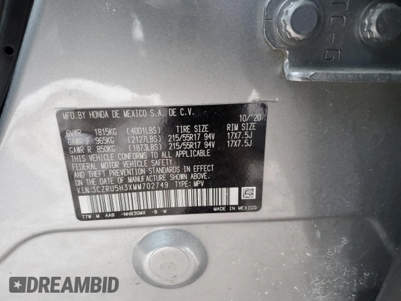 2021 Honda HR-V LX with VIN 3CZRU5H3XMM702749, listed as a Copart auction lot 42146225 with 81,515 mi miles and Salvage Title. Bid and sale history available at carsss.com. Image 14.