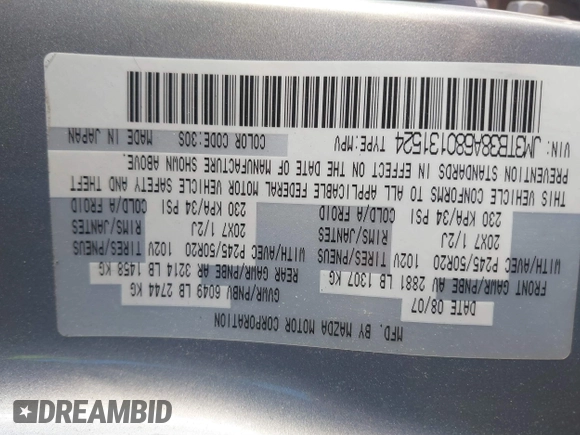 2008 Mazda CX-9 Grand Touring with VIN JM3TB38A680131524, listed as a IAAI auction lot 40815171 with 1 mi miles. Bid and sale history available at carsss.com. Image 9.