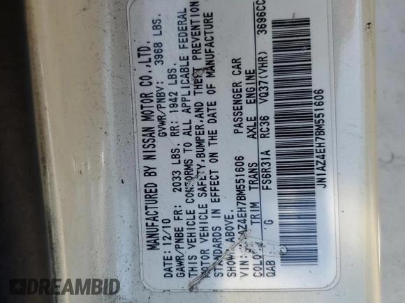 2011 Nissan 370Z Touring z VIN JN1AZ4EH7BM551606, wystawiony jako Copart lot #57173945 z przebiegiem Nie podano mil oraz Szkoda całkowita • Salvage title. Historia ofert i sprzedaży dostępna na DreamBid. Obrazek 12.