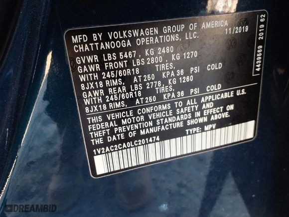 2020 Volkswagen Atlas Cross Sport 2.0T S with VIN 1V2AC2CA0LC201474, listed as a IAAI auction lot 41622355 with 73,084 mi miles. Bid and sale history available at carsss.com. Image 9.