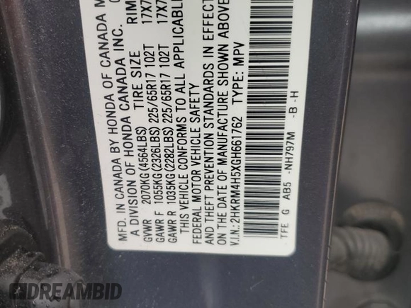 2016 Honda CR-V EX z VIN 2HKRM4H5XGH661762, wystawiony jako Copart lot #58388045 z przebiegiem 34 967 mil mil oraz Szkoda całkowita • Salvage title. Historia ofert i sprzedaży dostępna na DreamBid. Obrazek 13.