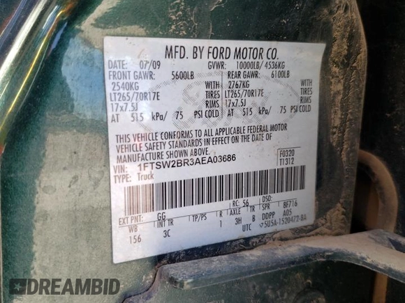 2010 Ford Super Duty F-250 SRW XL with VIN 1FTSW2BR3AEA03686, listed as a Copart auction lot 49464295 with 263,000 mi miles and Salvage Title. Bid and sale history available at carsss.com. Image 14.