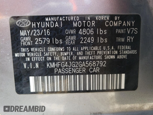 2016 Hyundai Azera z VIN KMHFG4JG2GA568792, wystawiony jako Copart lot #52696315 z przebiegiem 159 112 mil mil oraz Szkoda całkowita • Salvage title. Historia ofert i sprzedaży dostępna na DreamBid. Obrazek 12.