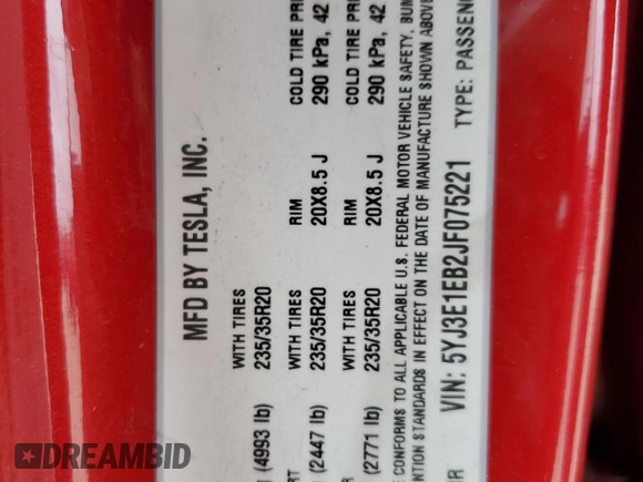 2018 Tesla Model 3 Long Range Battery z VIN 5YJ3E1EB2JF075221, wystawiony jako Copart lot #53571425 z przebiegiem 45 927 mil mil oraz Szkoda całkowita • Salvage title. Historia ofert i sprzedaży dostępna na DreamBid. Obrazek 12.