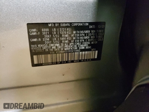 2024 Subaru Ascent Limited z VIN 4S4WMASD3R3412862, wystawiony jako Copart lot #43262895 z przebiegiem Nie podano mil oraz Nie do naprawy • Non repairable. Historia ofert i sprzedaży dostępna na DreamBid. Obrazek 14.