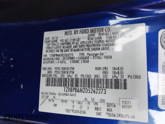 2013 Ford Mustang V6 with VIN 1ZVBP8AM2D5262273, listed as a IAAI auction lot 42411691 with 163,552 mi miles and . Bid and sale history available at DreamBid. Image 9.