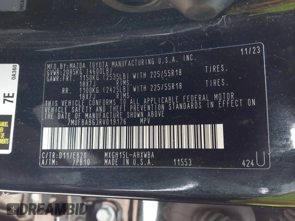 2024 Toyota Corolla Cross Hybrid S with VIN 7MUFBABG3RV019176, listed as a IAAI auction lot 41536647 with 36,428 mi miles and . Bid and sale history available at DreamBid. Image 9.