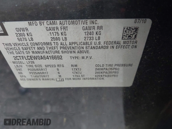 2010 GMC Terrain SLE-1 z VIN 2CTFLCEW0A6416692, wystawiony jako IAAI lot #42165126 z przebiegiem Nie podano mil oraz . Historia ofert i sprzedaży dostępna na DreamBid. Obrazek 9.