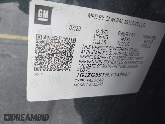 2020 Chevrolet Malibu RS with VIN 1G1ZG5ST5LF143947, listed as a IAAI auction lot 41935033 with 39,872 mi miles and . Bid and sale history available at DreamBid. Image 9.