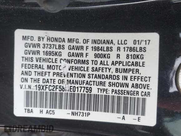 2017 Honda Civic LX with VIN 19XFC2F58HE017759, listed as a IAAI auction lot 42458474 with 111,588 mi miles and . Bid and sale history available at DreamBid. Image 9.