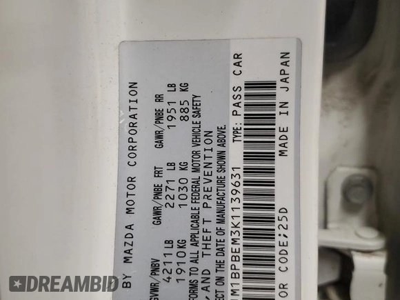 2019 Mazda 3 Premium with VIN JM1BPBEM3K1139631, listed as a Copart auction lot 89320175 with 83,029 mi miles and Non Repairable. Bid and sale history available at DreamBid. Image 13.