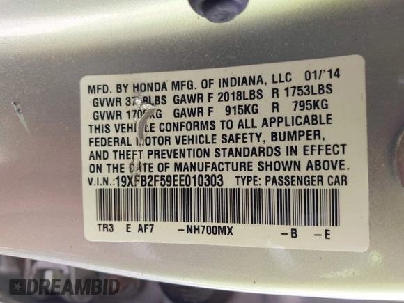 2014 Honda Civic Sedan LX with VIN 19XFB2F59EE010303, listed as a IAAI auction lot 41942211 with 118,530 mi miles. Bid and sale history available at carsss.com. Image 9.