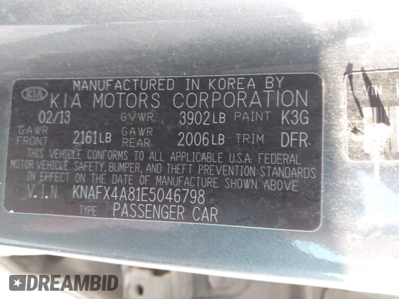 2014 Kia Forte EX with VIN KNAFX4A81E5046798, listed as a IAAI auction lot 41982719 with 141,138 mi miles. Bid and sale history available at carsss.com. Image 9.