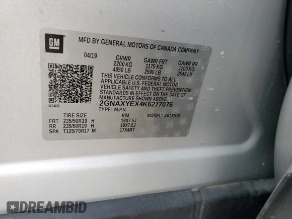 2019 Chevrolet Equinox Premier with VIN 2GNAXYEX4K6277076, listed as a Copart auction lot 44047625 with 51,493 mi miles and Salvage Title. Bid and sale history available at carsss.com. Image 14.
