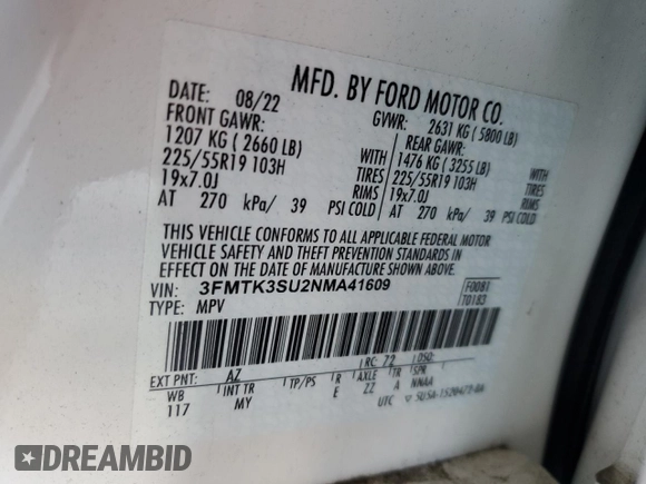 2022 Ford Mustang Mach-E Premium with VIN 3FMTK3SU2NMA41609, listed as a Copart auction lot 52790175 with 34,307 mi miles and Salvage title. Bid and sale history available at DreamBid. Image 13.