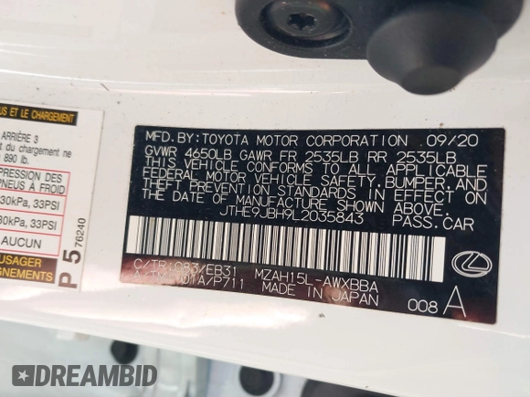2020 Lexus UX 250h F Sport with VIN JTHE9JBH9L2035843, listed as a IAAI auction lot 41633990 with 91,984 mi miles and . Bid and sale history available at DreamBid. Image 9.