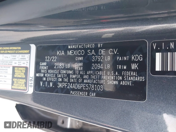 2023 Kia Forte LXS z VIN 3KPF24AD6PE578103, wystawiony jako IAAI lot #42131745 z przebiegiem 42 003 mil mil oraz . Historia ofert i sprzedaży dostępna na DreamBid. Obrazek 9.