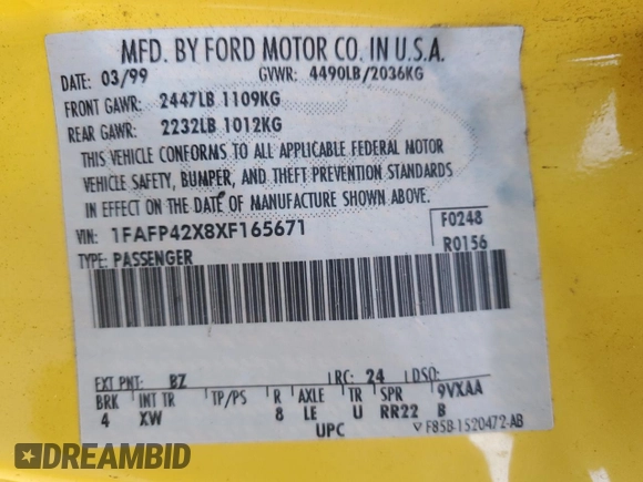 1999 Ford Mustang GT with VIN 1FAFP42X8XF165671, listed as a Copart auction lot 89204095 with 88,177 mi miles and Non Repairable. Bid and sale history available at carsss.com. Image 12.